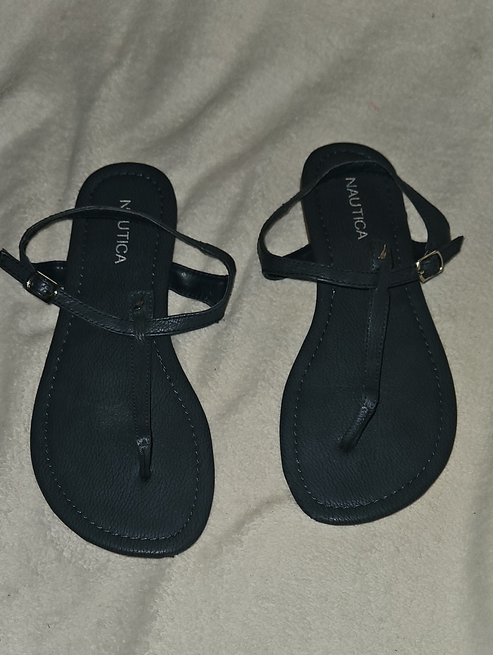 Womens Nautica Navy Pebble Faux Leather T-Strap Adjustable Ankle Strap Sandals